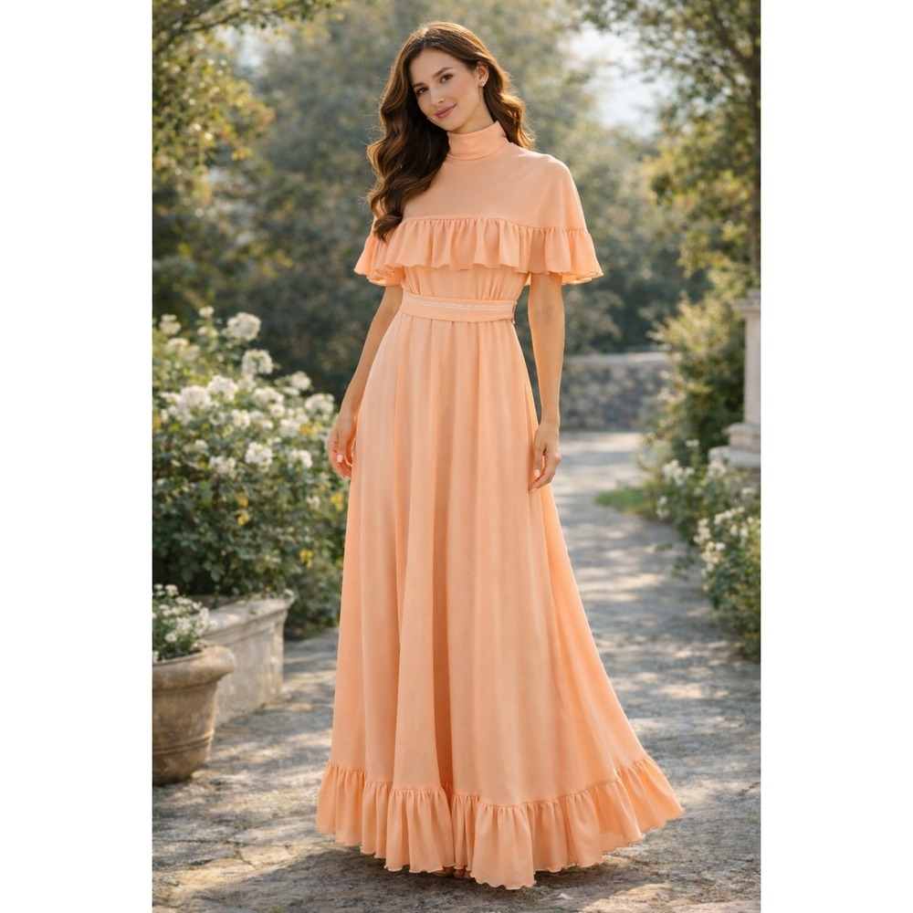 House of Bianchi 1970s Peach Maxi Dress Capelet Ruffle Hem High Neck Sleeveless